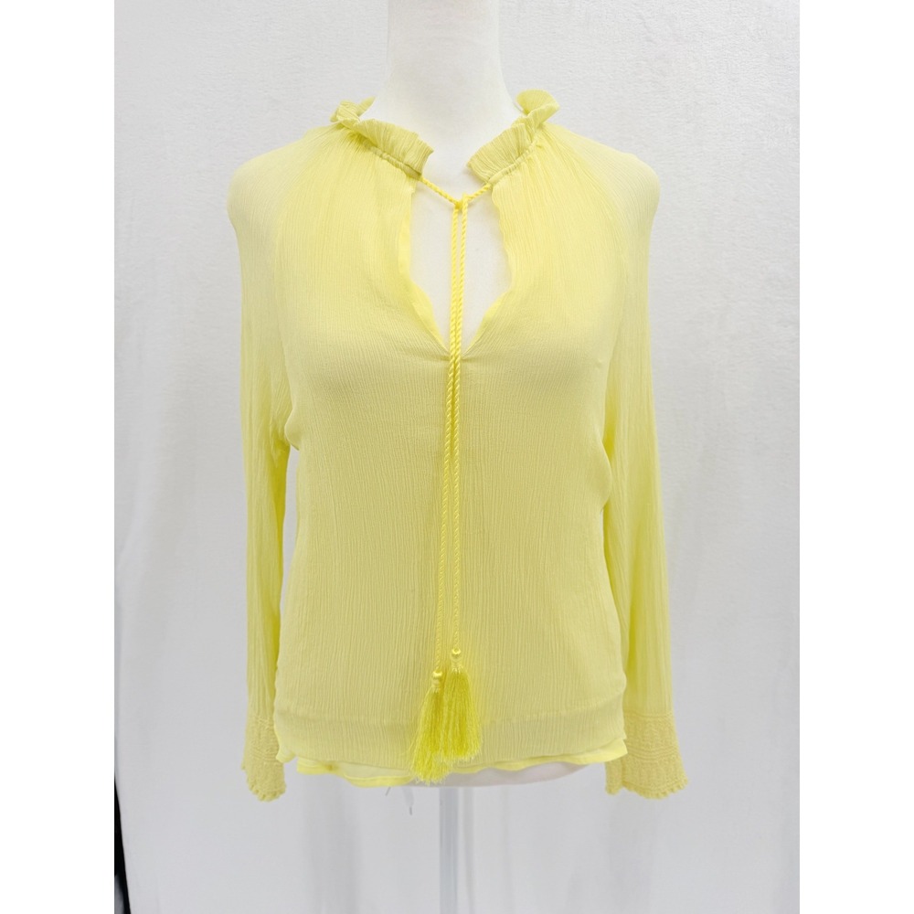 Marie‎ Oliver Silk Blouse Small Bright Yellow Long Sleeve Tassel Soft Pastel